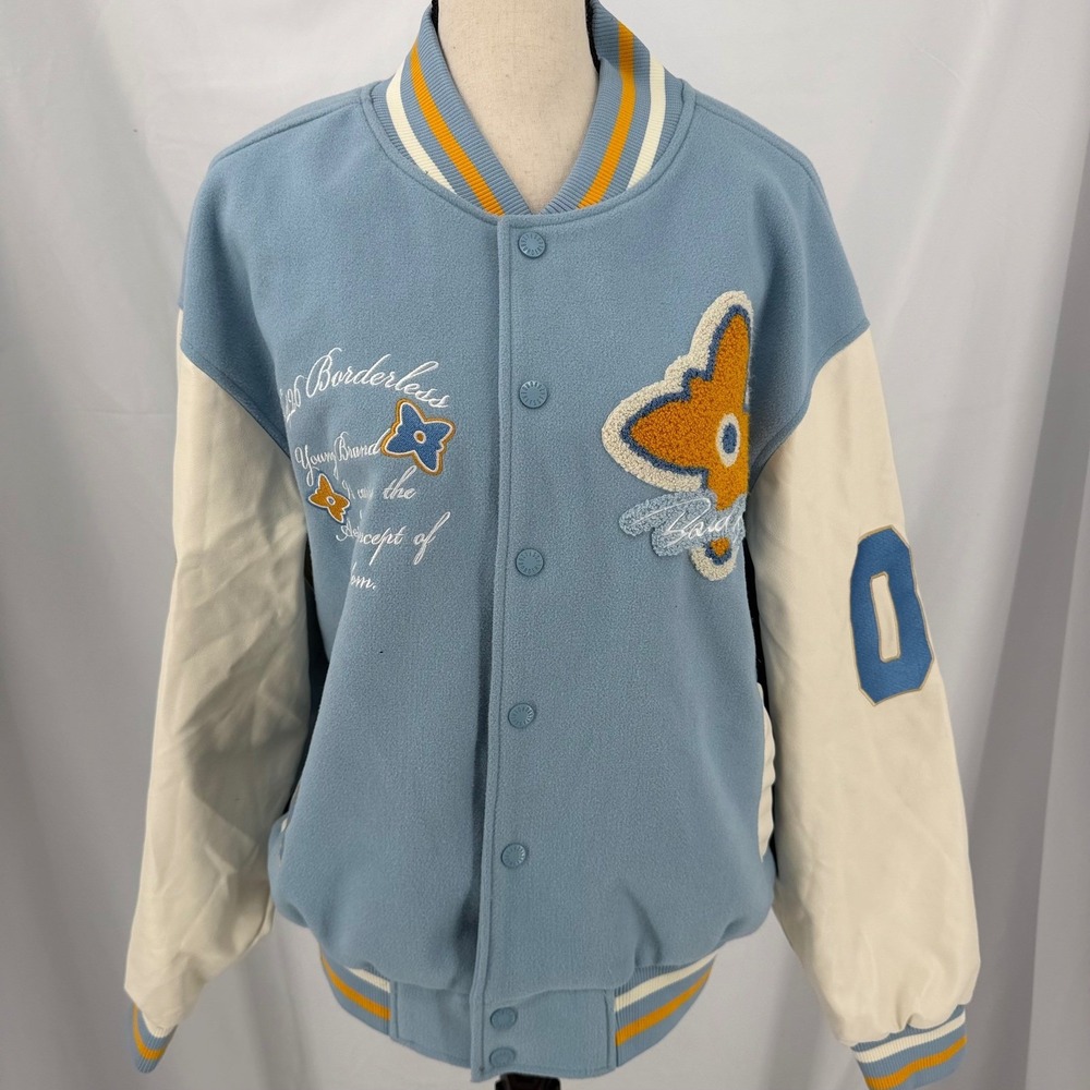F426 Borderless Community Varsity Jacket Blue Cream Patchwork Streetwear Small